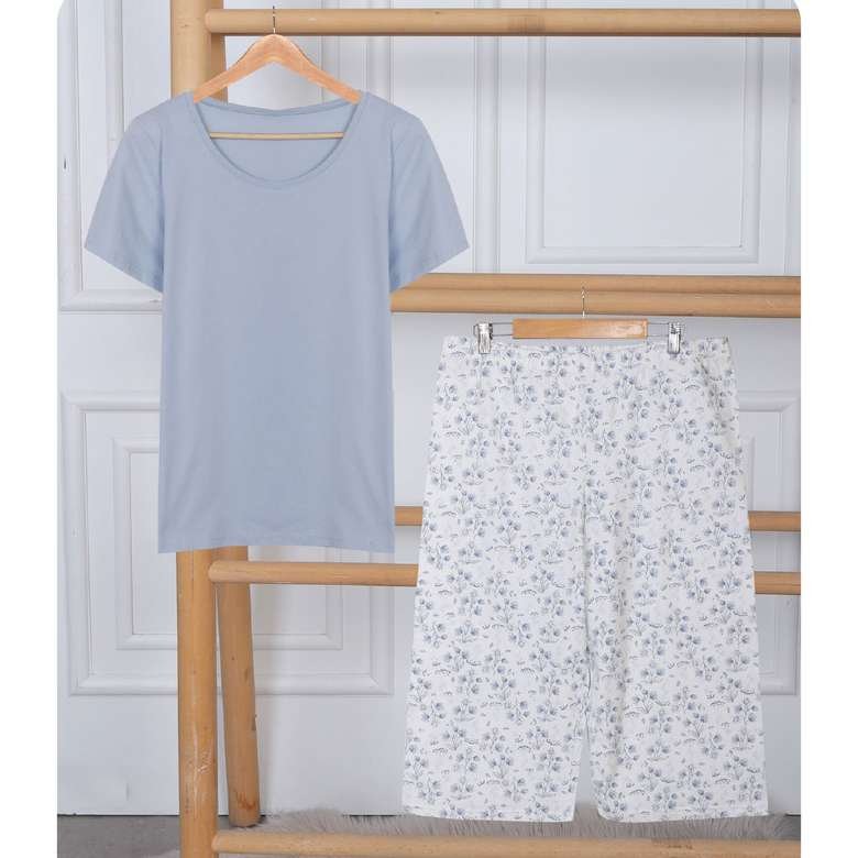 Silk & Blue Büyük Beden Kısa Kollu Kaprili Kadın Pijama Takımı Açık Mavi Beyaz