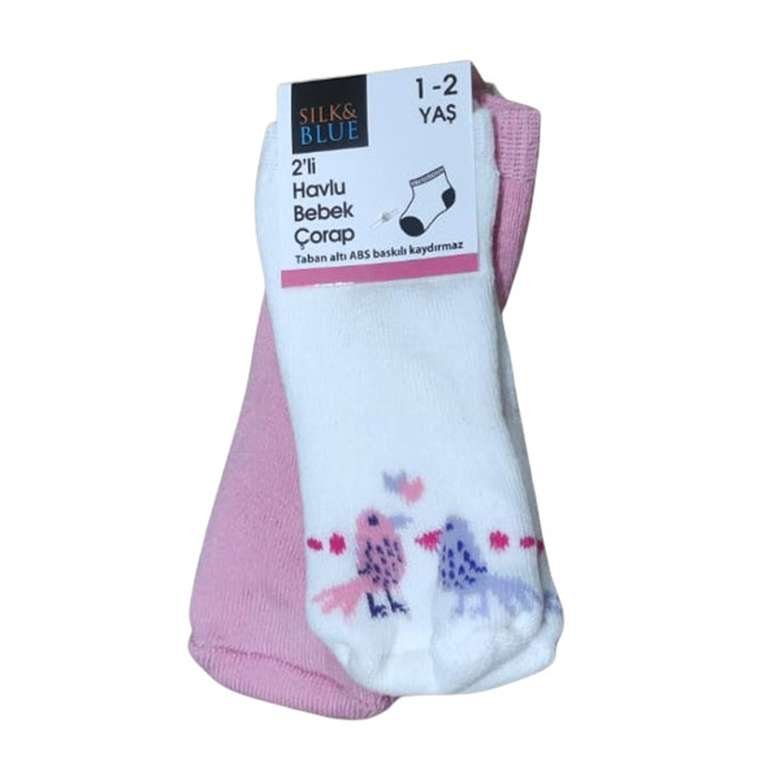 Silk & Blue ABS Taban Bebek Havlu Çorap 2'li Beyaz Pembe